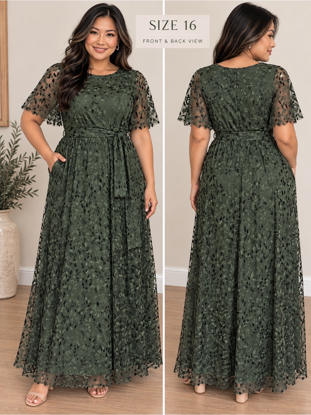 Baltic Born Olive Green Lace Maxi Dress with Tie Waist